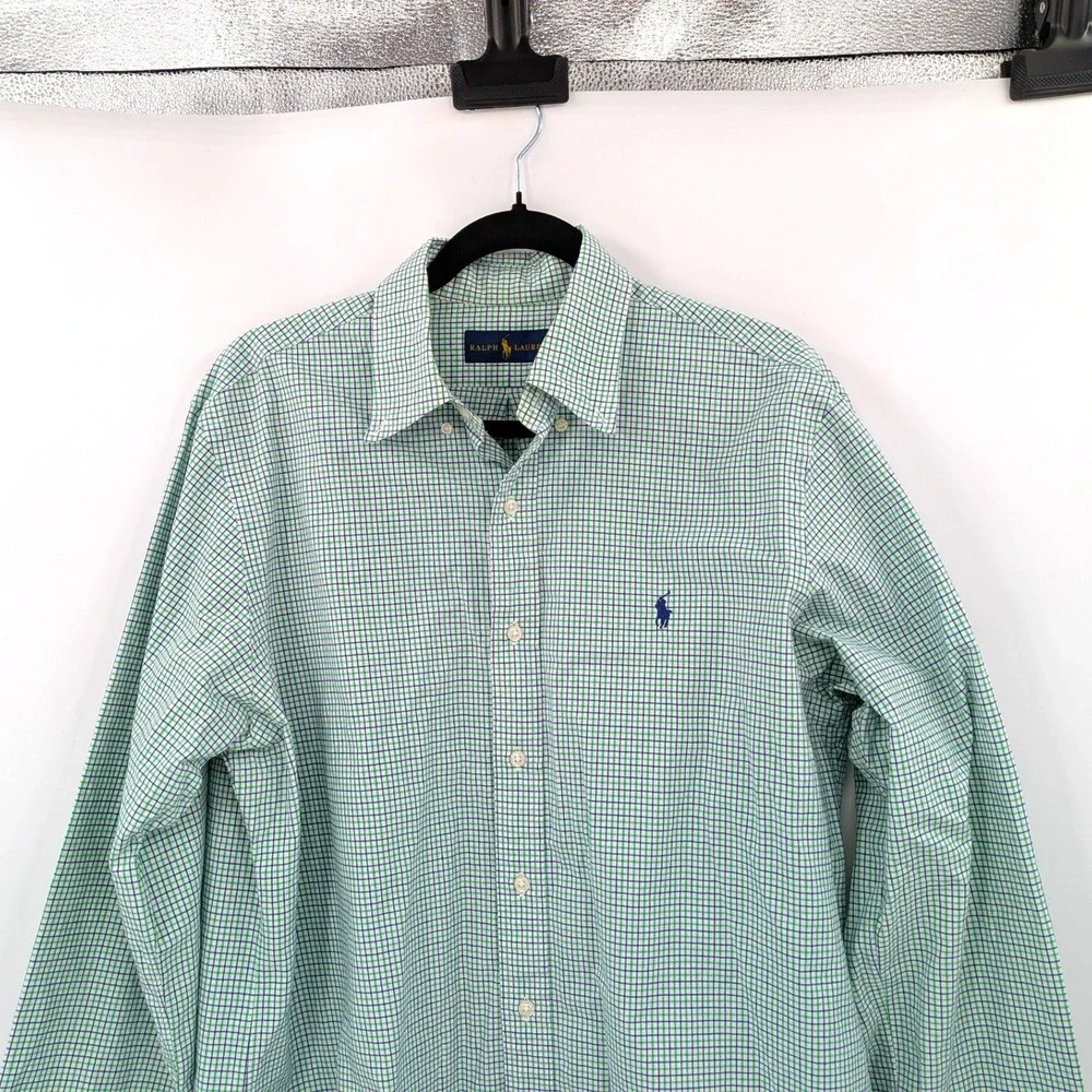 Ralph Lauren Boys Green Blue Gingham Preppy Button‎ Down Shirt Size 16